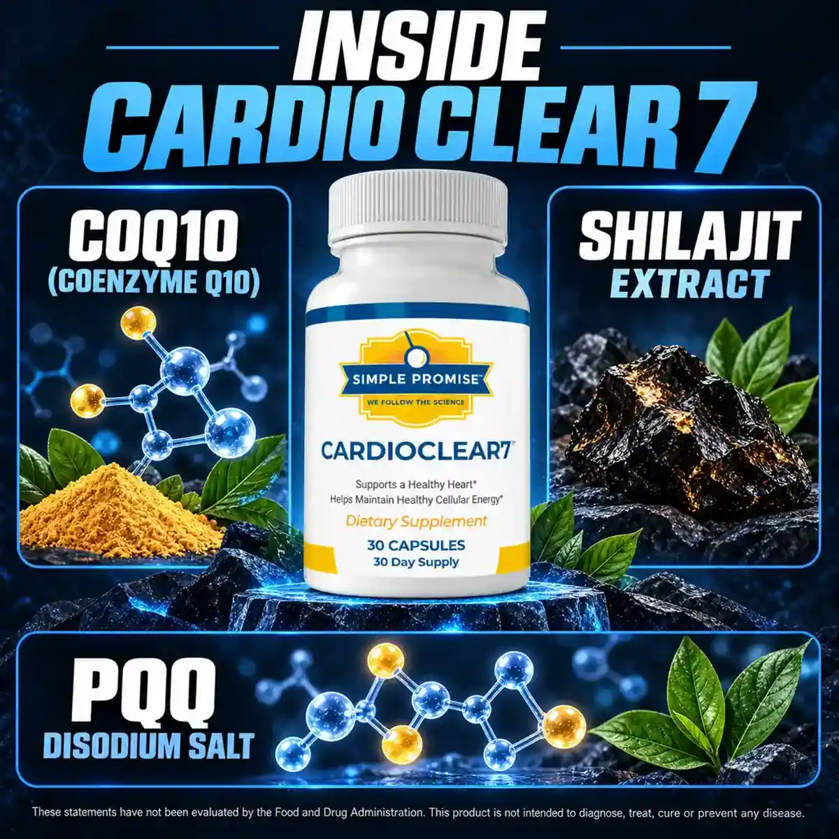 The manufacturer's Inside Cardio Clear 7 panel naming CoQ10, shilajit extract and PQQ disodium salt