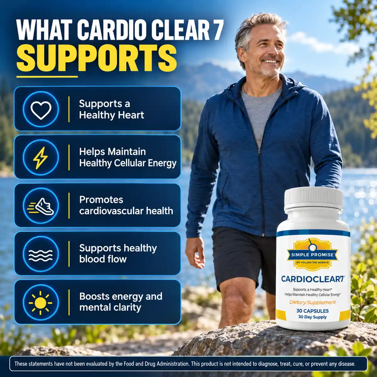 The manufacturer's What Cardio Clear 7 Supports panel listing five support lines beside a lifestyle photograph