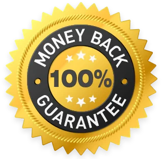 The 100 percent money-back guarantee roundel used on the Cardio Clear 7 sales page