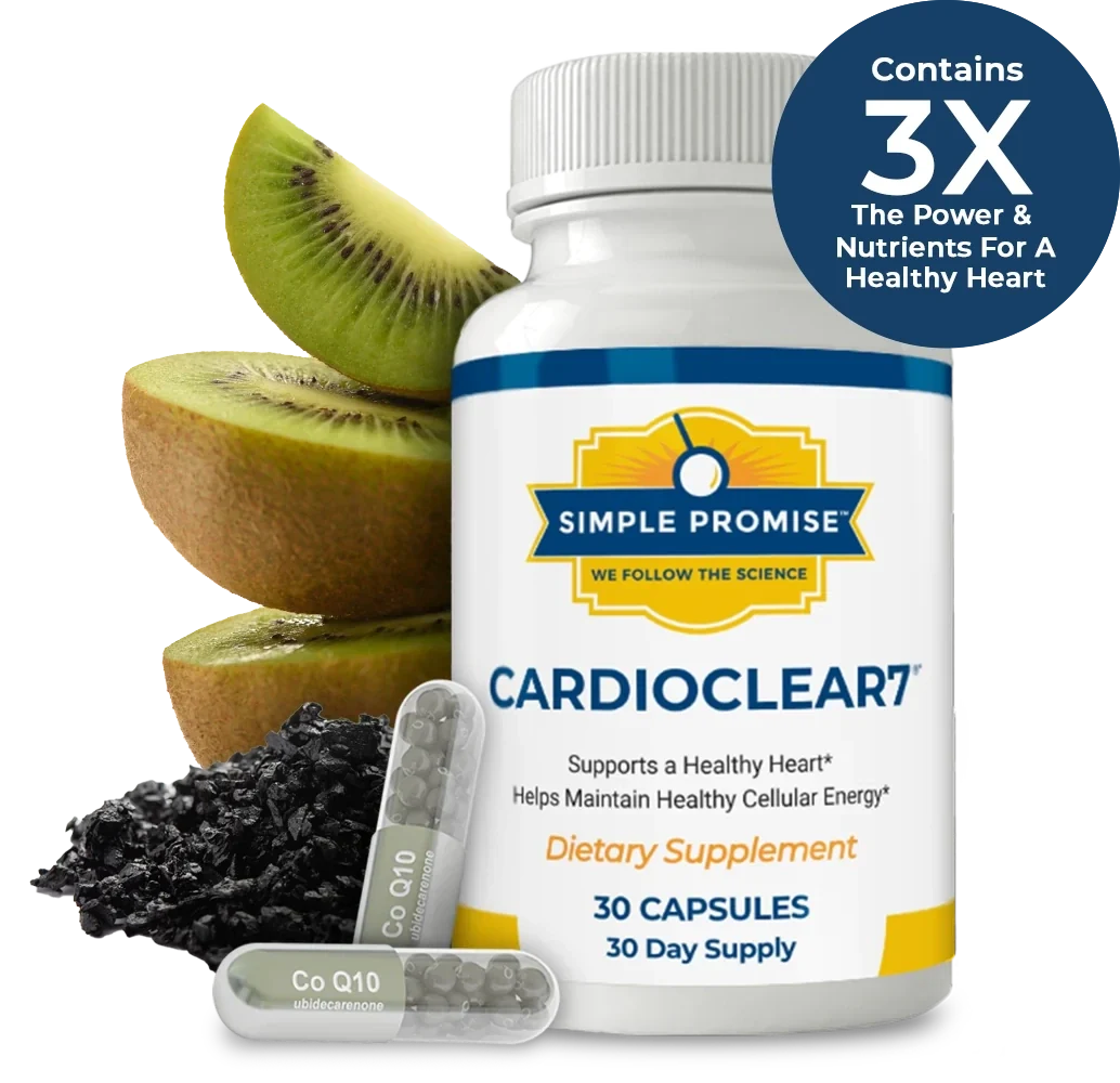 Marketing image claiming Cardio Clear 7 contains 3X the power and nutrients for a healthy heart